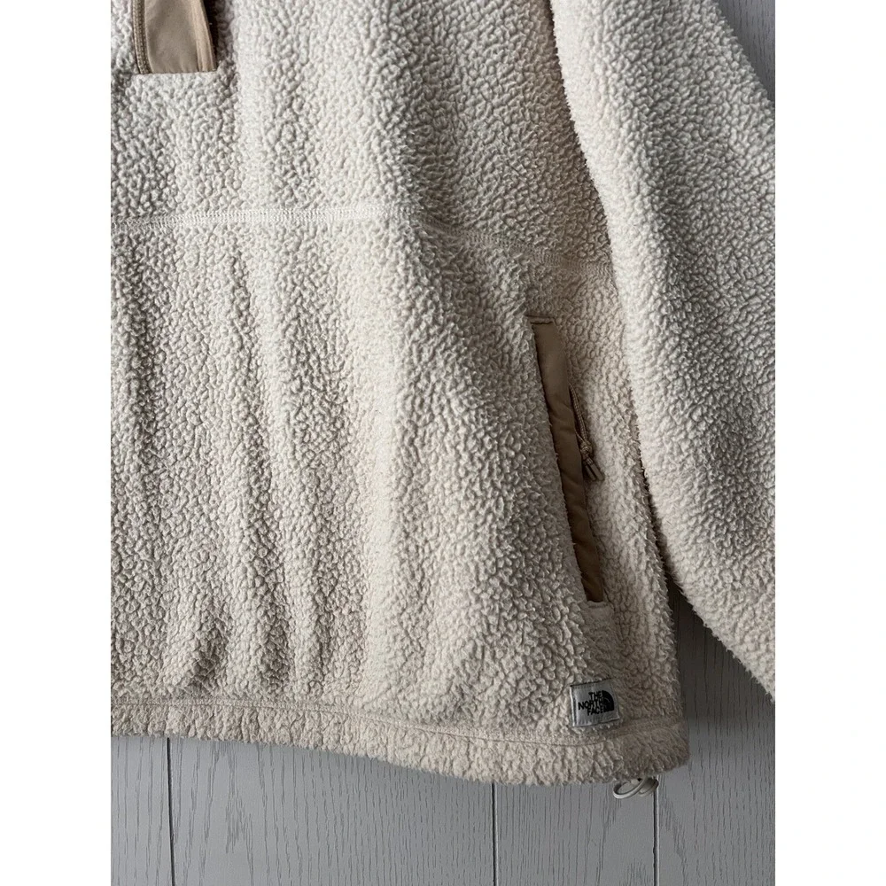 VINTAGE North Face Cragmont Pullover Jacket Deep Pile Fleece T Snap LARGE CREAM